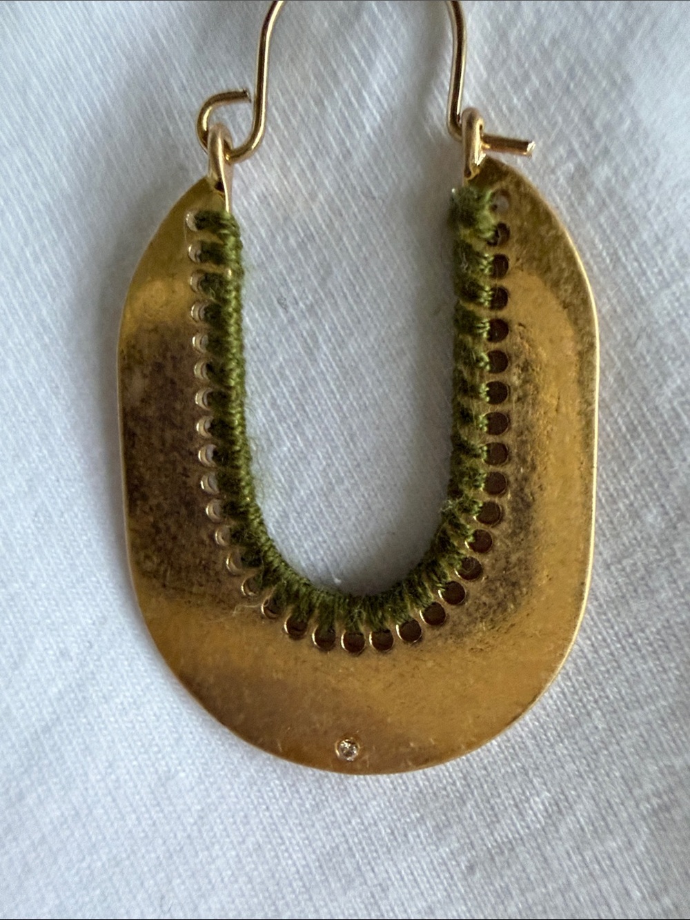 Gold Drop Earrings with Olive Green Thread Detail